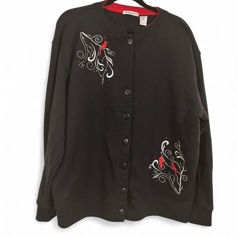 Bonnie Evans Black Fleece Cardigan - Embroidered Cardinals with Rhinestones - 2X